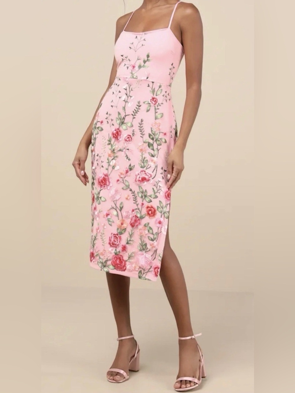 NWT Lulus Sz L‎ Blooming For Love Pink Floral Embroidered Midi Dress Party Prom